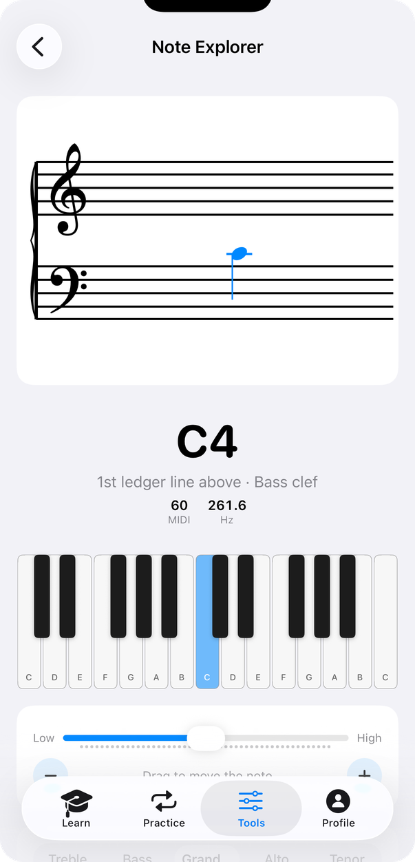The Note Explorer: middle C on a grand staff with its position, frequency and piano key shown