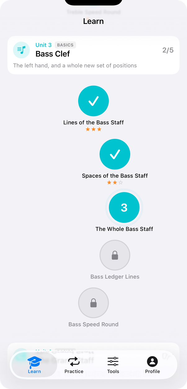 The Clefmap learning path, showing completed lessons in the bass clef unit with star ratings